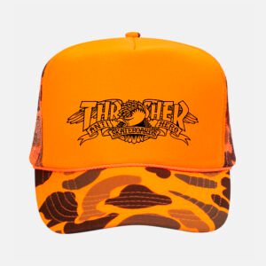 Thrasher x Anti Hero Mag Banner Trucker Hat Orange Camo